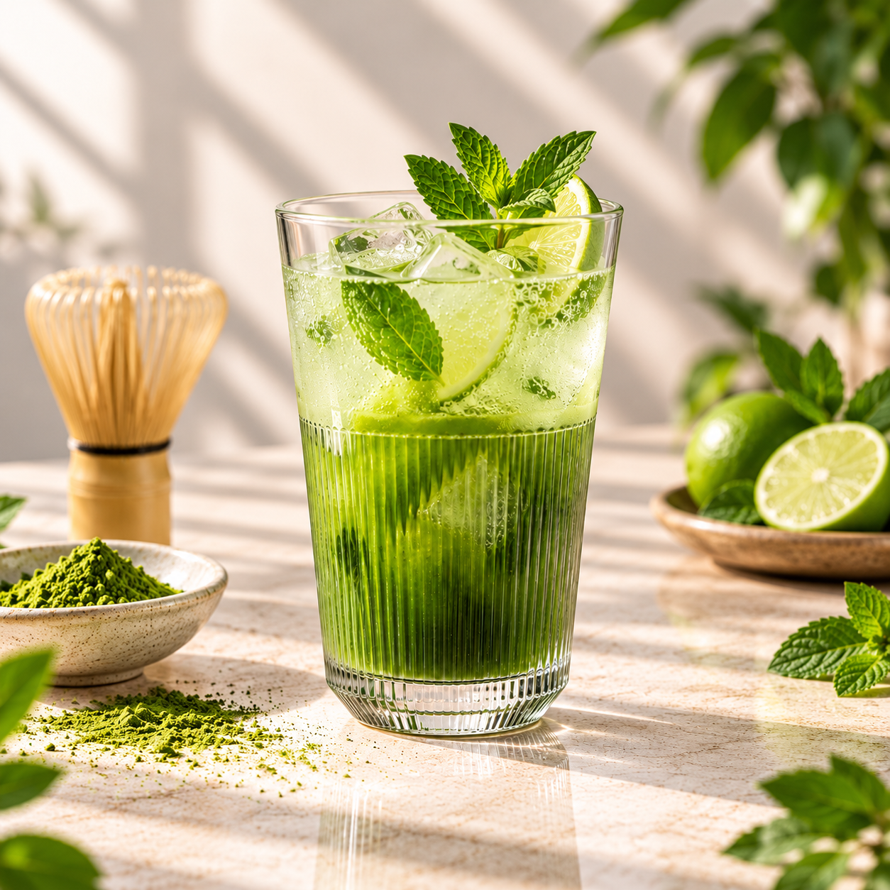 Svieži matcha-limetkový nápoj s mätou